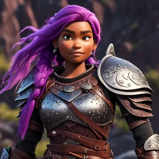 Prompt: <mymodel>Animated CGI style of a fierce ((Caucasian white)) Viking female about 25 years old, ((purple hair with a single braid)), detailed facial features, leather armor, battle axe and shield, intense and determined expression, dynamic and powerful pose, high definition, CGI, detailed armor, fierce female, Nordic designs, battle-ready, dynamic pose, professional lighting