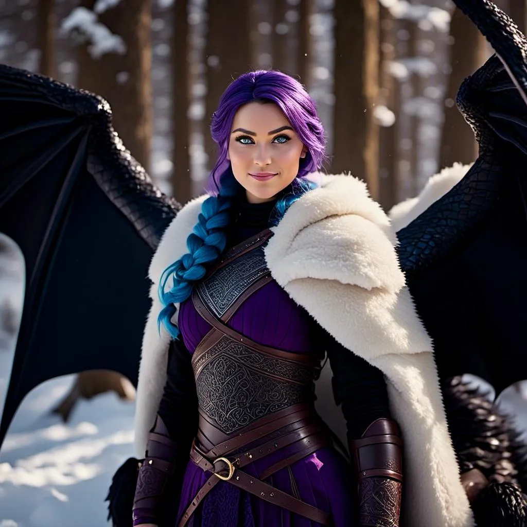 Prompt: Photo of <mymodel> standing next to her ((black)) razorwhip dragon from How to Train Your Dragon in the snow, she has light blue eyes, she is wearing a fur hood over her head, she is wearing a fur cape