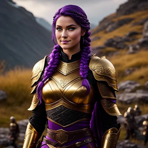 Prompt: create <mymodel> with vibrant colors, subtle smile, 23-year-old woman viking, dark purple hair, one braid, black pants, light blue eyes, cut over left eye to on cheekbone, black gear, gold armor, unreal engine 8k octane, 3d lighting, full body, full armor