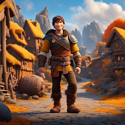 Prompt: <mymodel>CGI Animation of a viking male, light and small body build, young looks, black short spiky hair, brown eyes, bright orange simple gear, yellow highlights and textures, full body picture, standing in a viking village, intricate details, high quality, digital painting, bright energetic tones, dramatic lighting