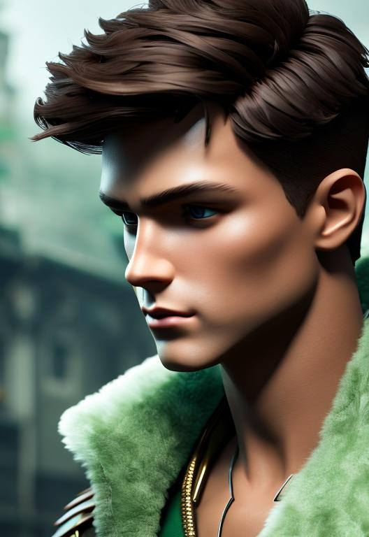 Prompt: he has short brown faux hawk hair, create most handsome fictional male prince viking warrior, short brown hair, light green eyes, extremely detailed environment, detailed background, intricate, detailed skin, professionally color graded, photorealism, 8k, moody lighting