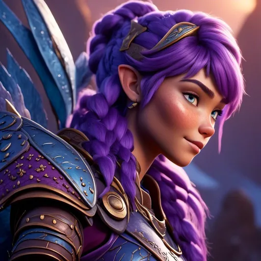 Prompt: <mymodel>CGI Animation of a caucasian viking female, purple hair, blue and purple gear and armor, intricate details, high quality, digital painting, cool tones, dramatic lighting