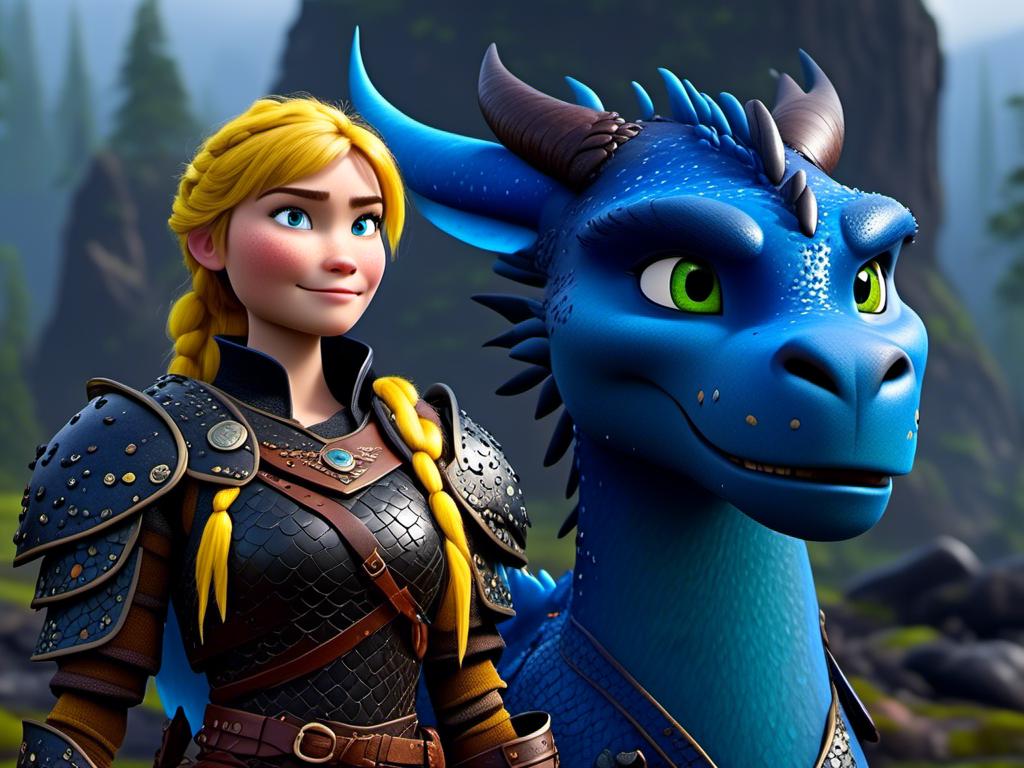 Prompt: <mymodel>CGi Animation, 20-year-old viking woman with blue eyes, a rainy scene, she is standing next to a bright blue dragon with gold highlights, they are both in the rain, the viking woman has a subtle smile, blonde hair in a ponytail style, she has blue gear, gold armor, black pants, black boots