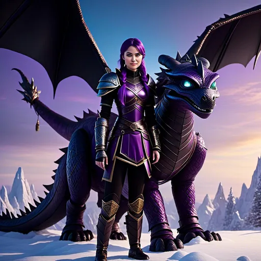 Prompt: Photo of <mymodel> standing next to her ((black)) razorwhip dragon from How to Train Your Dragon in the snow