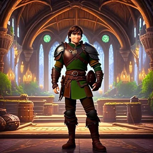 Prompt: <mymodel> viking man, lawyer, thin, small stature, standing in The Great Hall, medium length brown hair, brown eyes, no armor, European-like brown gear, brown leather vest, long sleeve green shirt underneath the brown leather vest, black highlights on his clothes, brown pants, brown boots, historical, strong and natural lighting