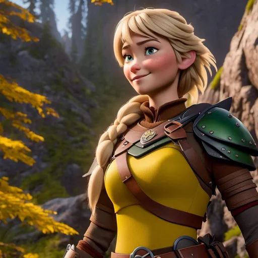 Prompt: <mymodel>CGi Animation, 20-year-old viking woman with one hair braid, subtle smile, blonde hair, blue eyes, green gear, green armor, yellow clothes, yellow textures and highlights, unreal engine 8k octane, 3d lighting, full body, full armor