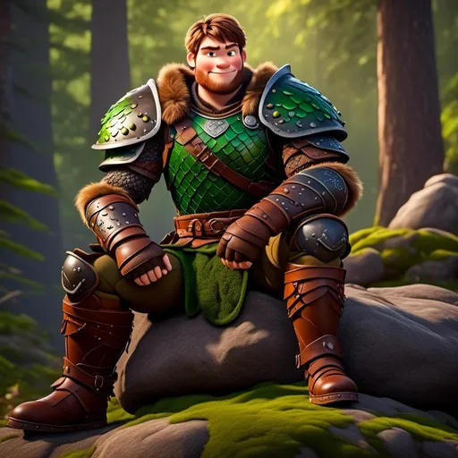 Prompt: <mymodel>Male viking warrior, thin and light muscle build, sitting on a boulder in the forest, there is a large green dragon next to him, short brown hair, green eyes, green armor, brown gear, brown pants, brown boots, historical, strong and natural lighting