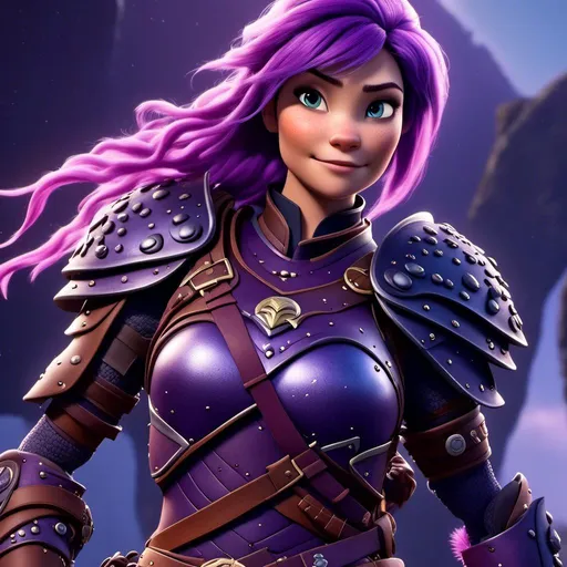 Prompt: <mymodel>CGI Animation of a viking female, purple hair in a single braid, purple and black gear and armor, intricate details, high quality, digital painting, cool tones, dramatic lighting