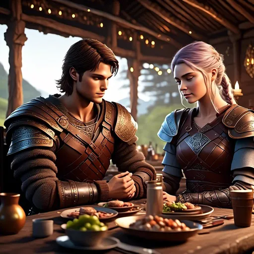 Prompt: Photo of <mymodel> sitting at the supper table in their viking hut, Annabeth eyes are open to see her light blue eyes, {{{{Annabeth has purple hair with a single hair braid down her shoulder, she has gold armor and black gear}}}}, Annabeth is slightly shorter and they are both in their early 30s