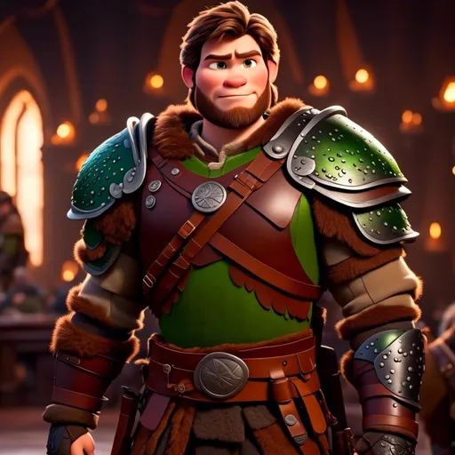 Prompt: <mymodel> viking man, lawyer, thin, small stature, standing in The Great Hall, medium length brown hair, angry smile, brown eyes, no armor, European-like brown gear, brown leather vest, long sleeve green shirt underneath the brown leather vest, black highlights on his clothes, brown pants, brown boots, historical, strong and natural lighting