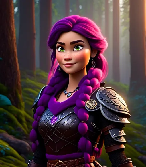 Prompt: <mymodel>CGI Animation, digital art, 20-year-old-old viking woman of royalty standing in a dimly lit thick forest with trees everywhere, dense fog, light blue eyes, {{black gear, purple armor}}, purple hair, single braid down her shoulder with a tiara, subtle smile, black dragon with metal scales, light blue eyes, unreal engine 8k octane, 3d lighting, close up camera shot on the face, full armor