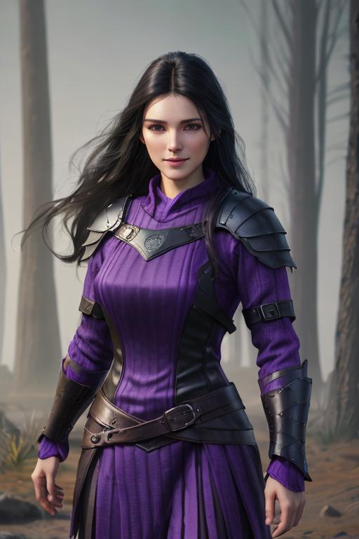 Prompt: Digital Art, 25-year-old viking woman, purple gear, purple clothes, subtle smile, black straight hair, dark purple eyes, a dark purple long-sleeve shirt, textured skirt down to knees, dark purple pants, dark purple armor, long black hair with volume, middle part in hair, leather boots, dark purple gear, unreal engine 64k octane, hdr, 3d lighting, full body, full armor