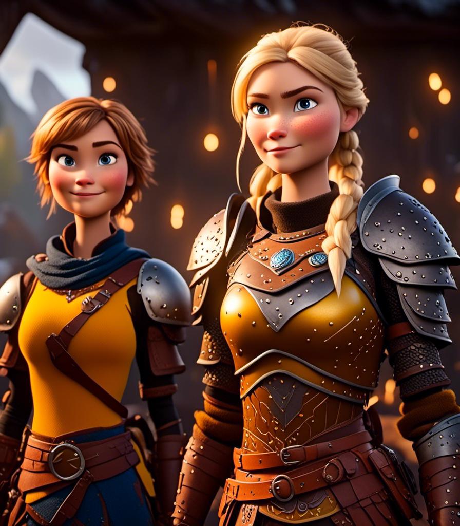 Prompt: <mymodel>CGI Animation, digital art, 20-year-old-old viking woman with light blue eyes standing with her brother and sister, yellow clothes, gold colored armor, blonde straight hair, subtle smile, unreal engine 8k octane, 3d lighting, close up camera shot on the face, full armor