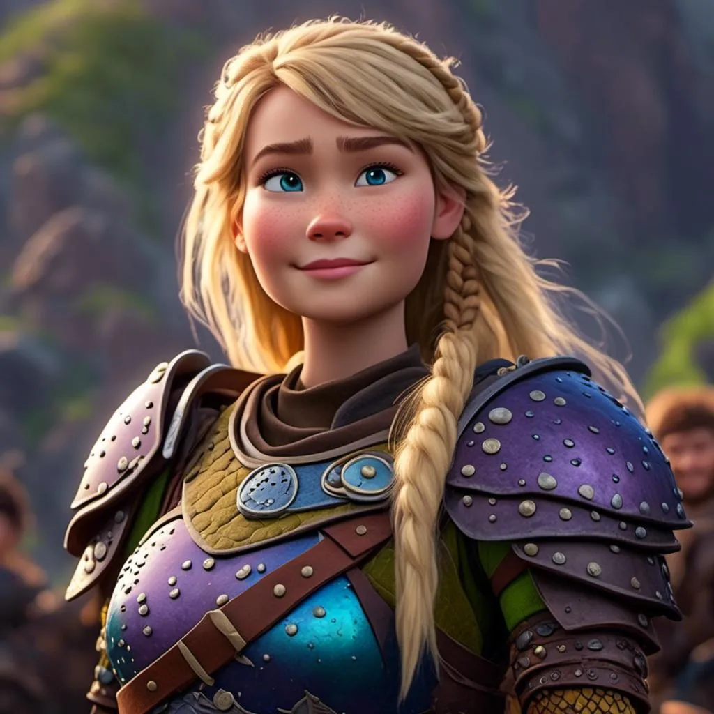 Prompt: <mymodel>CGI Animation of female viking, blonde straight hair a hairband, blue eyes, bright purple and green armor, yellow highlights dor gear and textures, full light body armor, standing in a viking village, intricate details, high quality, digital painting, cool tones, dramatic lighting