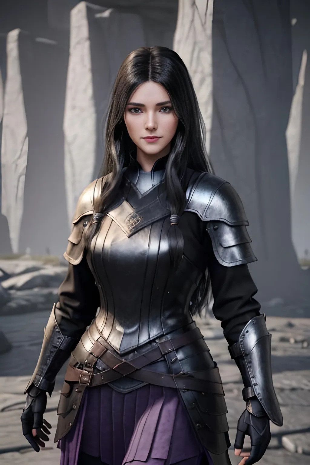 Prompt: Digital Art, 25-year-old viking woman, subtle smile, black straight hair, dark purple eyes, a dark purple long-sleeve shirt, textured skirt down to knees, dark purple pants, dark purple armor, long black hair with volume, middle part in hair, leather boots, dark purple gear, unreal engine 64k octane, hdr, 3d lighting, full body, full armor