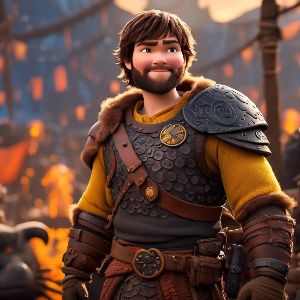 Prompt: <mymodel>CGI Animation of a viking male, light and small body build, young looks, black short wavy hair, brown eyes, bright orange simple gear, yellow highlights and textures, full body picture, standing in a viking village, intricate details, high quality, digital painting, bright energetic tones, dramatic lighting