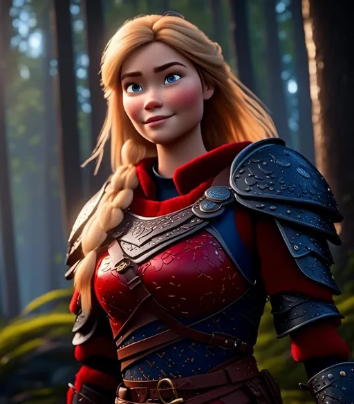 Prompt: <mymodel>CGI Animation, digital art, 20-year-old-old viking woman with light blue eyes standing in a dimly lit forest, blue clothes, red colored armor, blonde straight hair, subtle smile, unreal engine 8k octane, 3d lighting, cinematic lighting, camera shot of full armor from head to toe