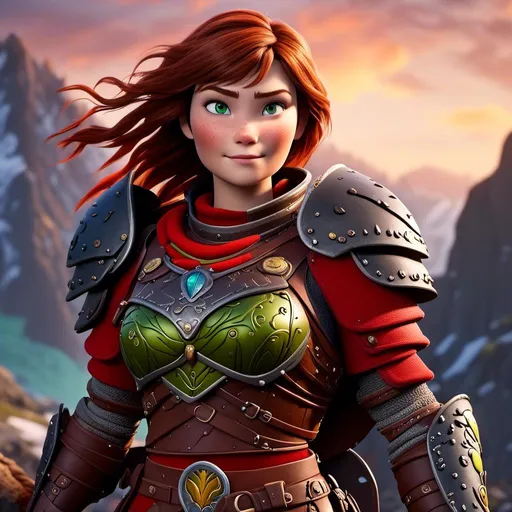 Prompt: <mymodel>CGI Animation of a viking female, brown hair, bright red gear and armor, yellow highlights and textures, green eyes, intricate details, high quality, digital painting, cool tones, dramatic lighting