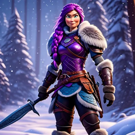 Prompt: <mymodel>a female viking warrior with purple hair standing in a snowy forest, black slender Razorwhip dragon, light blue eyes, single braid down shoulder, purple armor, subtle smile, full body, cool tones, dramatic lighting, simple details