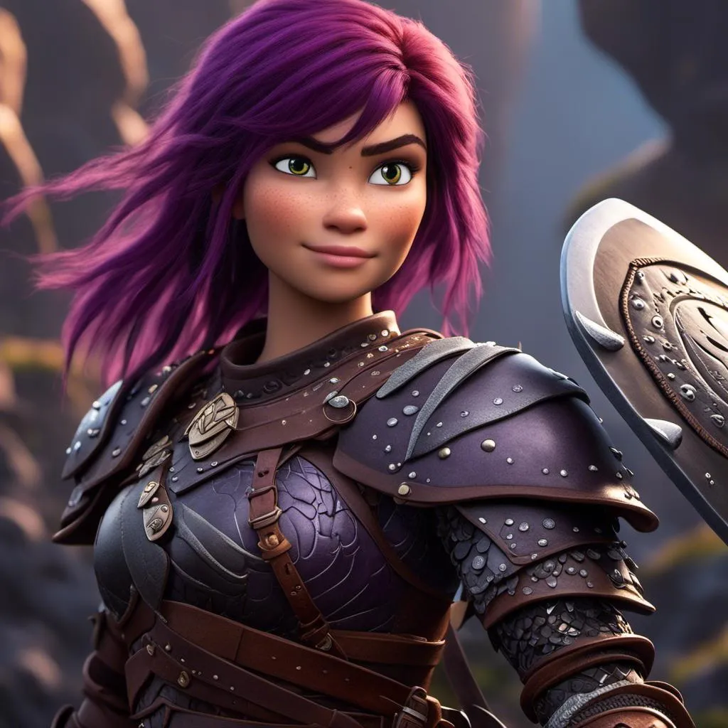 Prompt: <mymodel>Animated CGI style of a fierce ((Caucasian white)) Viking female about 25 years old, ((purple hair)), detailed facial features, leather armor, battle axe and shield, intense and determined expression, dynamic and powerful pose, high definition, CGI, detailed armor, fierce female, Nordic designs, battle-ready, dynamic pose, professional lighting