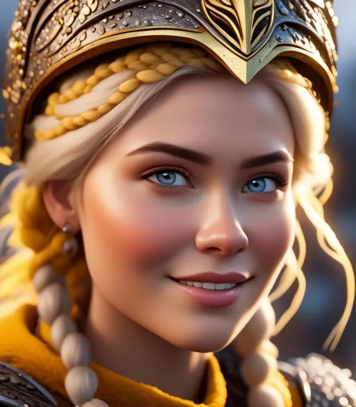 Prompt: <mymodel>CGI Animation, digital art, 20-year-old-old viking woman with light blue eyes, yellow clothes, gold colored armor, white hair, double braids down her shoulders with a tiara, subtle smile, unreal engine 8k octane, 3d lighting, close up camera shot on the face, full armor