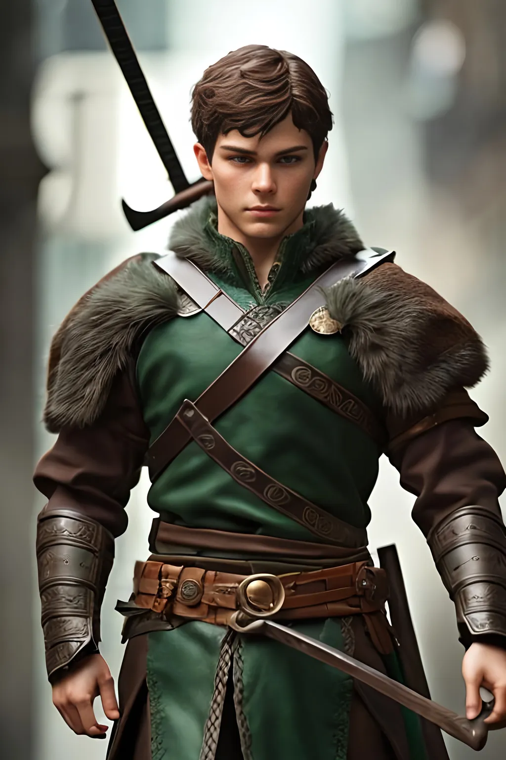 Prompt: he has short brown hair, create most handsome fictional male viking warrior, short brown hair, light green eyes, extremely detailed environment, detailed background, intricate, detailed skin, professionally color graded, photorealism, 16k, moody lighting