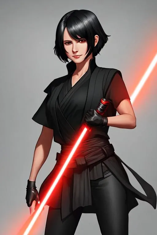 Prompt: A young woman Sith lord, with black short-length hair, a subtle smile, a black short sleeve shirt, a black vest past the waist, a black belt, black pants, black boots, two lightsabers one red and one light pink