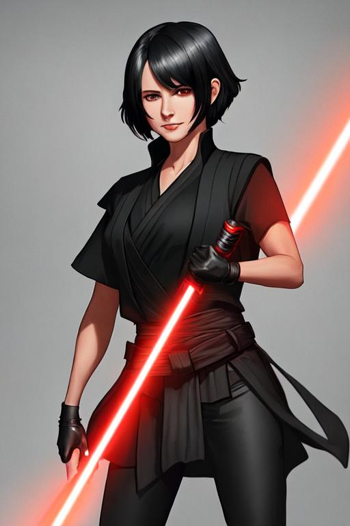 Prompt: A young woman Sith lord, with black short-length hair, a subtle smile, a black short sleeve shirt, a black vest past the waist, a black belt, black pants, black boots, two lightsabers one red and one light pink