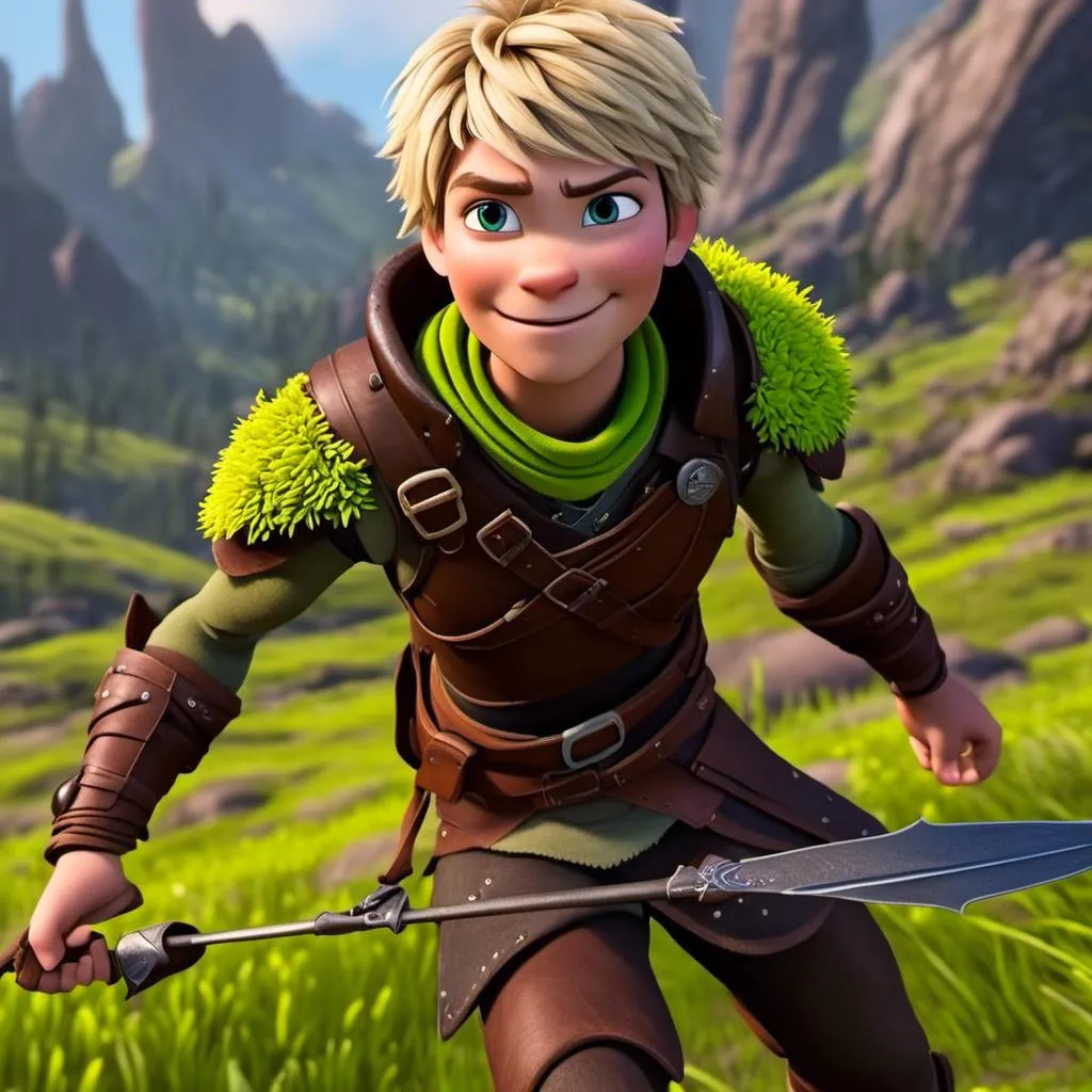 Prompt: <mymodel>CGI Animation, sinister viking boy, 18-year-old, chaotic evil, blonde short messy hair, no facial hair, neon green bandana scarf, dark brown, dark brown long-sleeve shirt, pants, leather armor, two daggers, dozen throwing knives