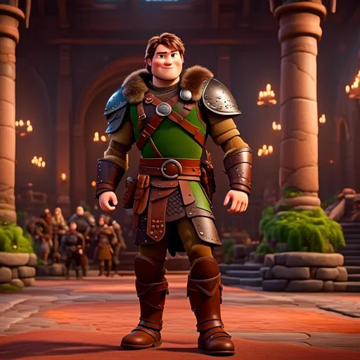 Prompt: <mymodel> viking man, lawyer, thin, small stature, standing in The Great Hall, medium length brown hair, brown eyes, no armor, European-like brown gear, brown leather vest, long sleeve green shirt underneath the brown leather vest, black highlights on his clothes, brown pants, brown boots, historical, strong and natural lighting