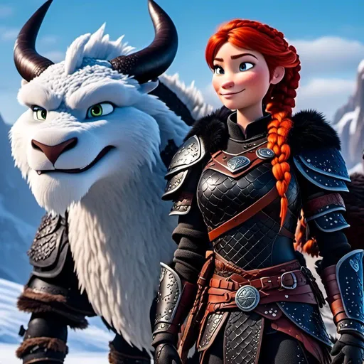 Prompt: <mymodel>High-quality CGI animation of a 40-year-old viking woman with red hair, wearing black gear and armor, standing on a snowy plain with a white dragon. White dragon with light blue highlights, woman with dreadlocks and braids, light blue eyes, snowy landscape, detailed visual effects, fantasy, snowy setting, cool tones, detailed character design, professional CGI, dramatic lighting, highres, detailed rendering