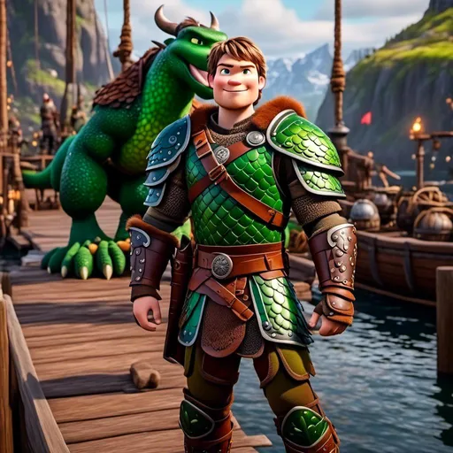 Prompt: <mymodel>Male viking warrior, thin and light muscle build, standing on the viking docks, there is a green dragon next to him, short brown hair, green eyes, green armor, brown gear, brown pants, brown boots, historical, strong and natural lighting