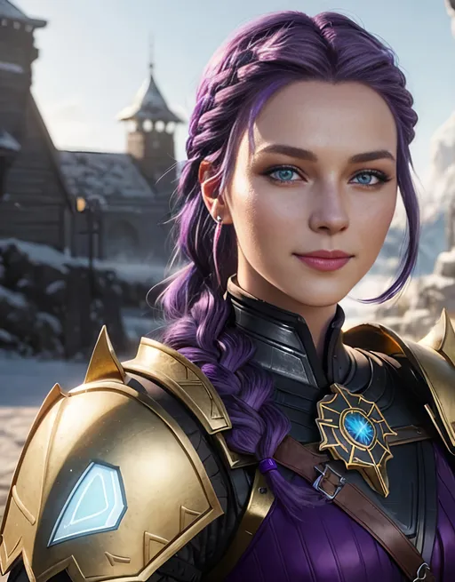 Prompt: Digital art, bright colors, subtle smile, 20-year-old woman viking, dark purple hair, one braid, light blue eyes, cut over left eye to on cheek bone, black gear, gold armor, unreal engine 8k octane, 3d lighting, full body, full armor, Adolph Friedrich Erdmann von Menzel 