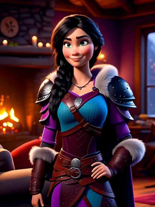 Prompt: <mymodel>CGI Animation, digital art, 20-year-old-old viking woman of royalty standing in her home in the living room next to the fireplace, light blue eyes, {{black gear, purple armor}}, black hair, single braid down her shoulder with a tiara, subtle smile, unreal engine 8k octane, 3d lighting, close up camera shot on the face, full armor