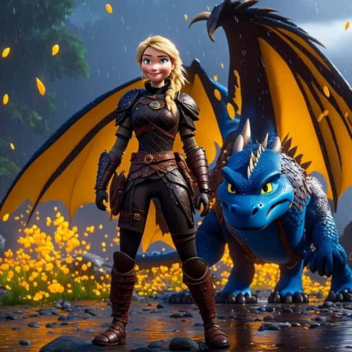 Prompt: <mymodel>CGi Animation, 20-year-old viking woman with blue eyes, a rainy scene, she is standing next to a bright blue dragon with gold highlights, they are both in the rain, the viking woman has a subtle smile, blonde hair in a ponytail style, she has blue gear, gold armor, black pants, black boots, unreal engine 8k octane, 3d lighting, full body, full armor