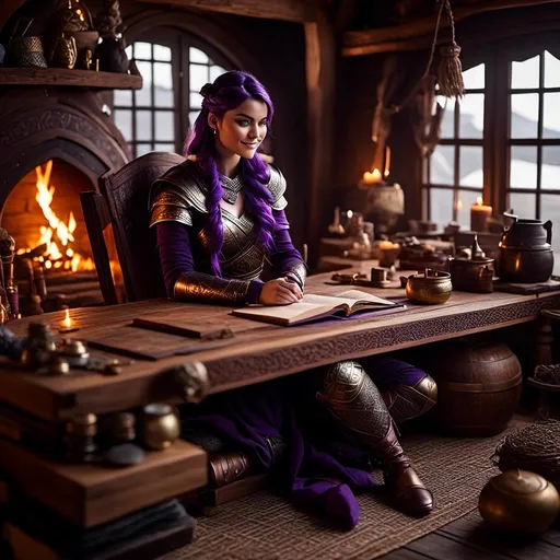 Prompt: Photo of <mymodel> casually relaxing sitting at a desk in her viking house