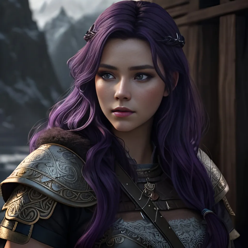 Prompt: create most beautiful fictional female viking princess with dark purple hair, another beautiful fictional female but with black hair, extremely detailed environment, detailed background, intricate, detailed skin, professionally color graded, photorealism, 8k, moody lighting