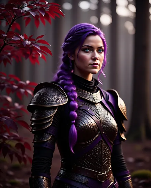 Prompt: <mymodel>25-year-old viking woman, standing in the dimly lit forest with many detailed red leaves on the tree branches in foreground and background, messy and dirty hair, single braid of hair down her shoulder, she has a mad expression, light blue eyes, dirty armor, purple gear, bright black armor, black textures and highlights, with glowing lights, short focus, blurry background, unreal engine 8k octane, 3d lighting, full body, full armor