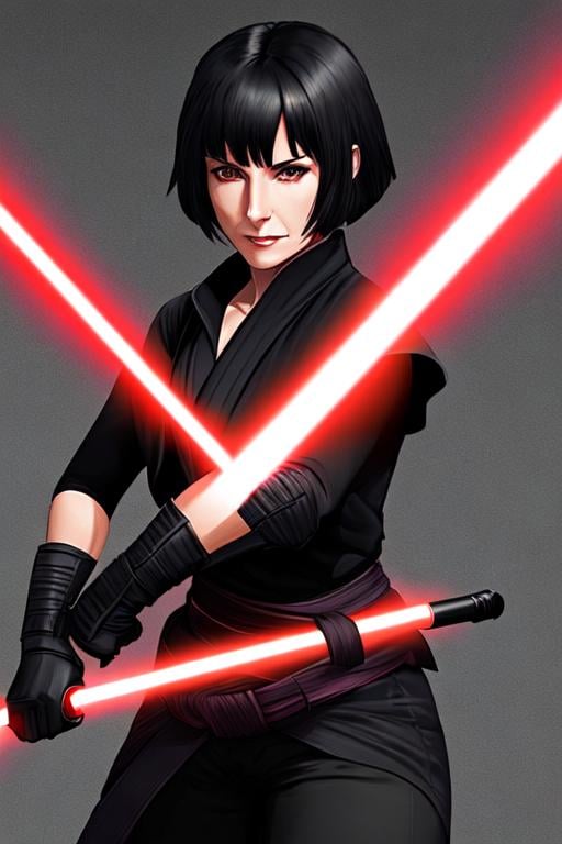 Prompt: A woman sith lord, with black short-length hair, a subtle smile, a black short sleeve shirt, a black vest past the waist, black belt, black pants, black boots, two lightsabers one red and one light pink