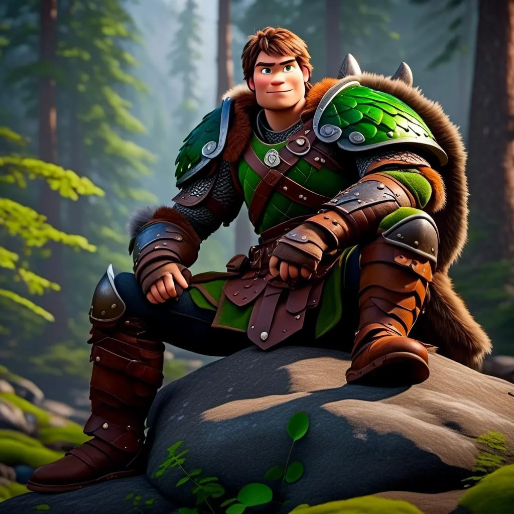 Prompt: <mymodel>Male viking warrior, thin and light muscle build, sitting on a boulder in the forest, there is a large green dragon with a flat body build standing next to the viking, viking has short brown hair, green eyes, green armor, brown gear, brown pants, brown boots, historical, strong and natural lighting, 8K octane, unreal engine