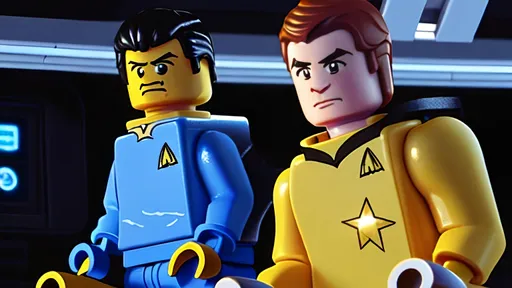 Prompt: Lego Captain Kirk from Lego Star Trek on the bridge of the Lego Enterprise along with Lego Spock