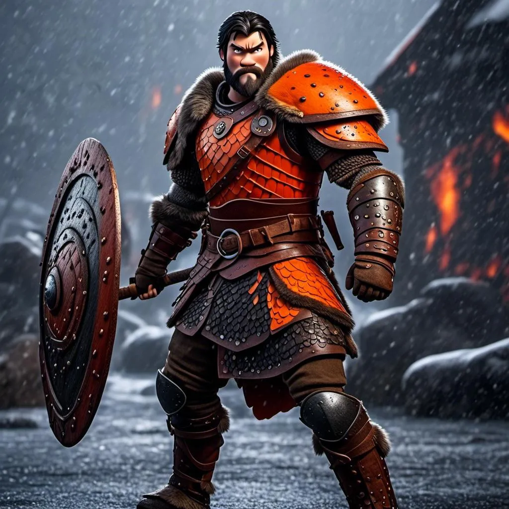 Prompt: <mymodel>Animated CGI style of a fierce Viking male about 25 years old, black hair, detailed facial features, leather armor {{((red))}} and orange armor, battle axe and shield, standing in the rain, intense and determined expression, dynamic and powerful pose, CGI, fierce male, Nordic designs, battle-ready, dynamic pose, professional lighting