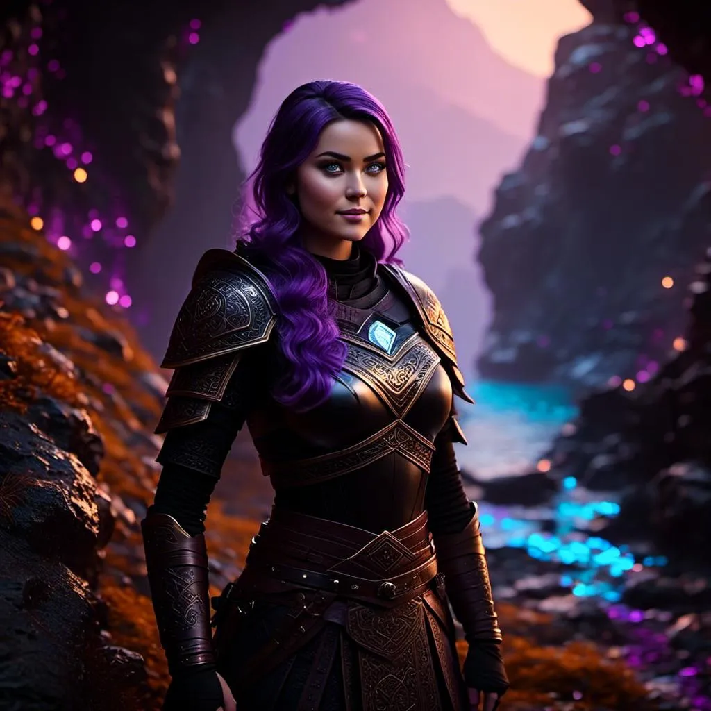 Prompt: <mymodel>25-year-old viking woman, subtle smile, light blue eyes, black gear, bright black armor, black textures and highlights, standing in a dimly lit cave with glowing algae, short focus, blurry background, unreal engine 8k octane, 3d lighting, full body, full armor