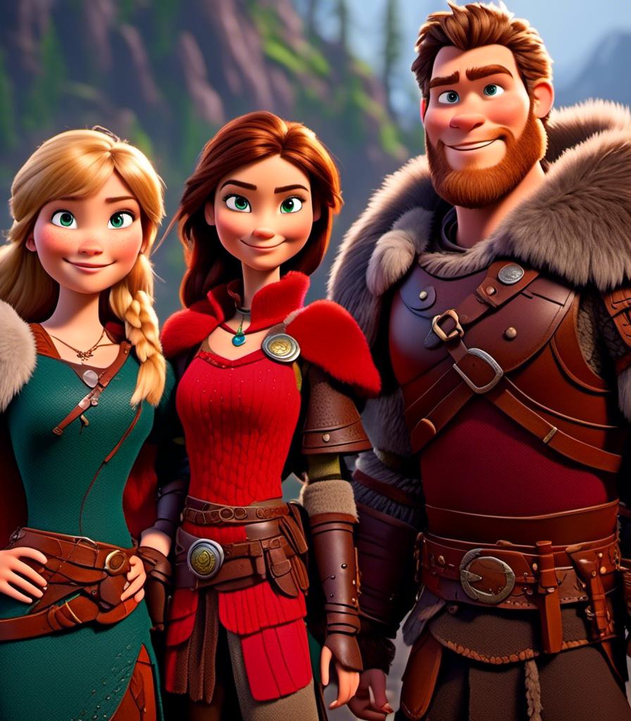 Prompt: <mymodel>CGI Animation, digital art, 20-year-old-old viking woman with light blue eyes standing with her older brother and younger sister, older brother has brown hair and green eyes, her younger sister has brunette hair and brown eyes, the viking woman has red clothes, blue colored armor, blonde straight hair, subtle smile, unreal engine 8k octane, 3d lighting, full armor