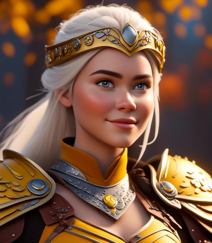 Prompt: <mymodel>CGI Animation, digital art, 20-year-old-old viking woman with light blue eyes, yellow clothes, gold colored armor, white hair, straight hair with a tiara and a mask on her eyes, subtle smile, unreal engine 8k octane, 3d lighting, close up camera shot on the face, full armor