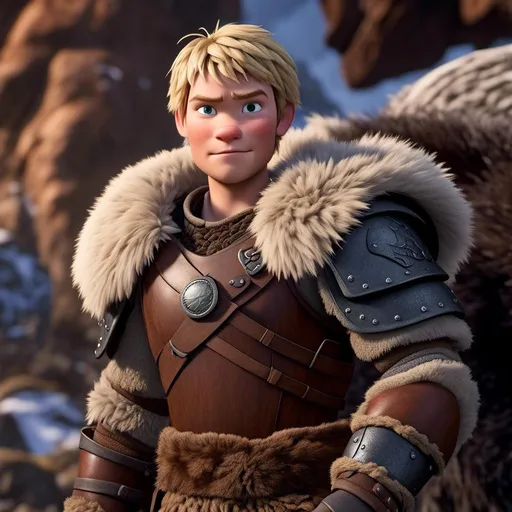 Prompt: <mymodel>Animated CGI style of a fierce Caucasian Viking with blonde hair, intense gaze, realistic fur and clothing textures, high quality, CGI, realistic, intense gaze, viking, male, Caucasian, detailed facial features, fur textures, highres, professional, intense lighting