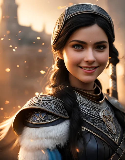 Prompt: she has black hair, create most beautiful fictional female princess viking warrior, hopeful smile, black hair, light blue eyes, extremely detailed environment, detailed background, intricate, detailed skin, professionally color graded, photorealism, 8k, moody lighting