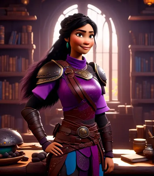 Prompt: <mymodel>CGI Animation, digital art, 20-year-old-old viking woman with light blue eyes, she is standing in her library, she is of royalty, {{black gear, purple armor}}, black hair with purple strands, single braid down her shoulder with a tiara, subtle smile, unreal engine 8k octane, 3d lighting, close up camera shot on the face, full armor