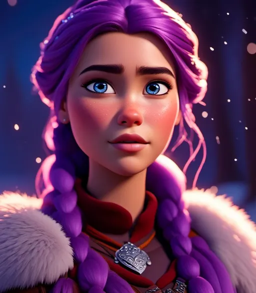 Prompt: <mymodel>CGI Animation, digital art, 20-year-old-old viking woman with light blue eyes, she looks very sad and angry, standing in a battle arena at night in the snow, purple hair with purple strands, single braid down her shoulder with a tiara, unreal engine 8k octane, 3d lighting, close up camera shot on the face, full armor