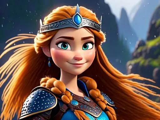 Prompt: <mymodel>CGi Animation, 20-year-old viking woman with blue eyes, ((she is wearing a royal tiara)), a rainy scene, the viking woman has a subtle smile with it pouring down rain, blonde hair in a ponytail style, she has blue gear, gold armor, black pants, black boots